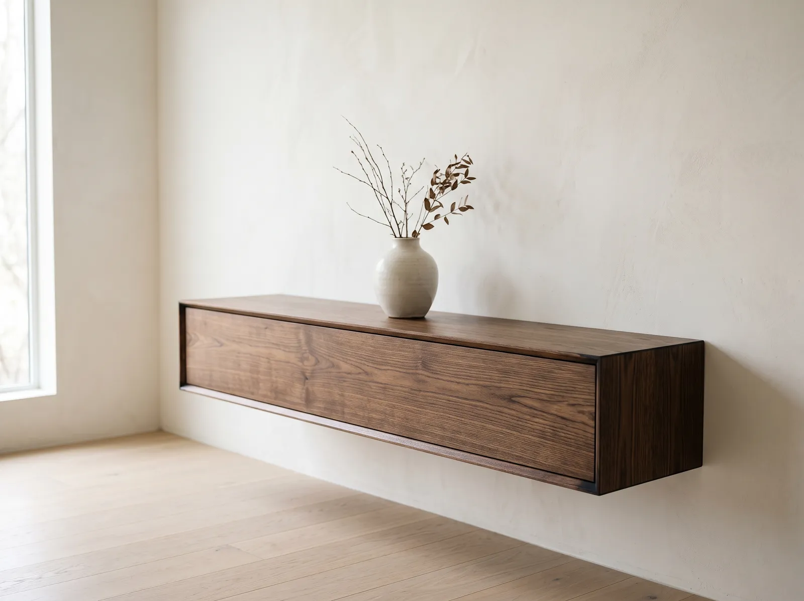 Wall-hung torrefied ash credenza in a minimalist living space