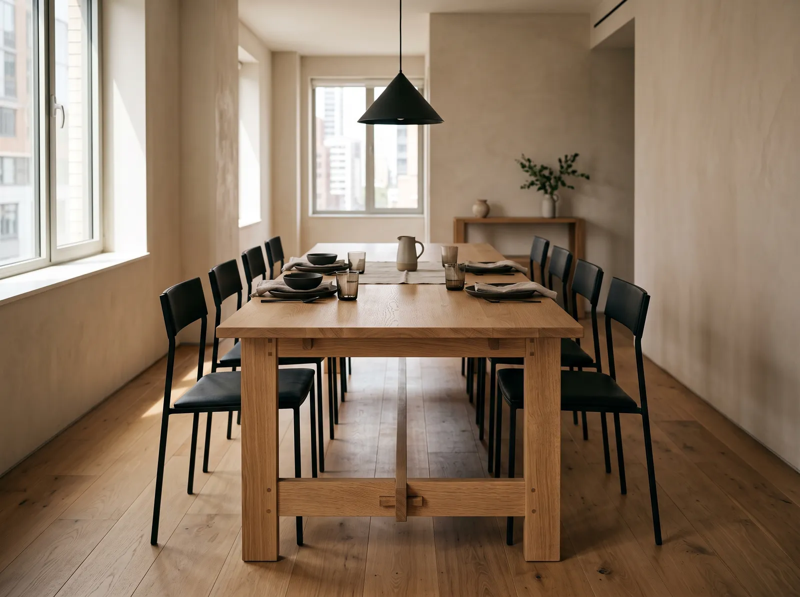 Ten-seat white oak dining table set for a meal in a narrow apartment dining room