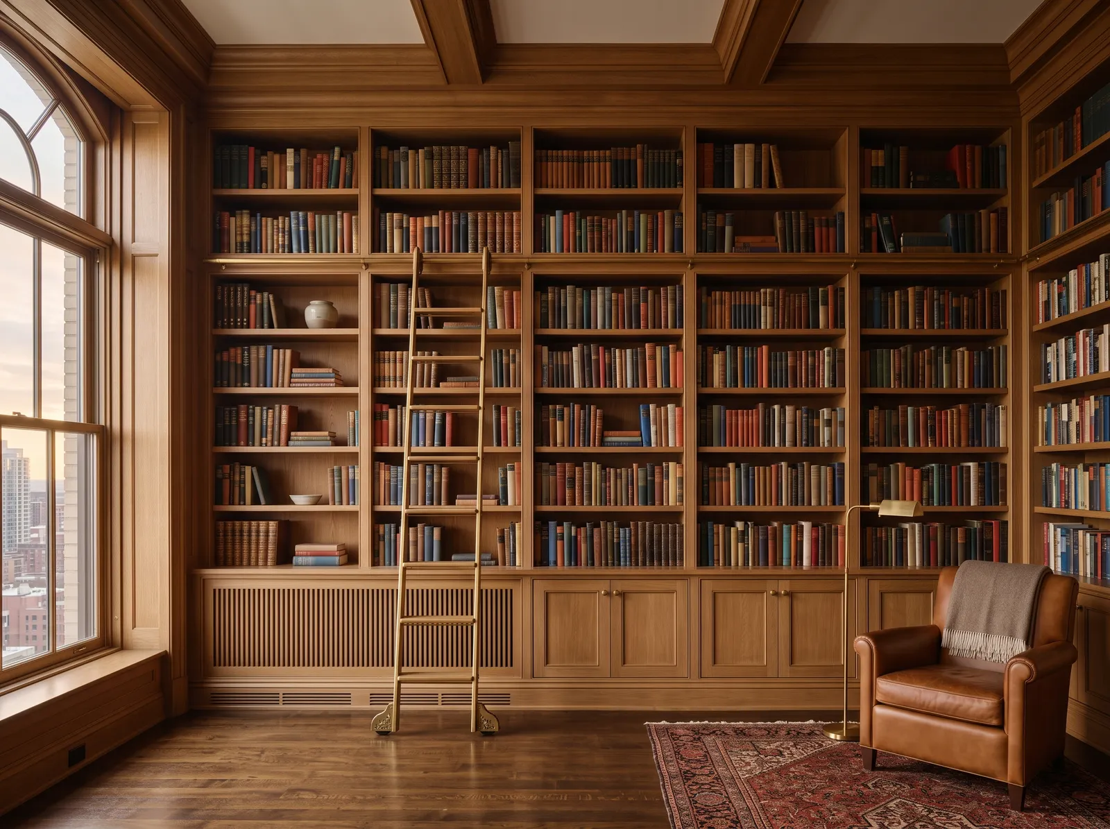 Built-in oak library wall with floor-to-ceiling shelving and a rolling ladder