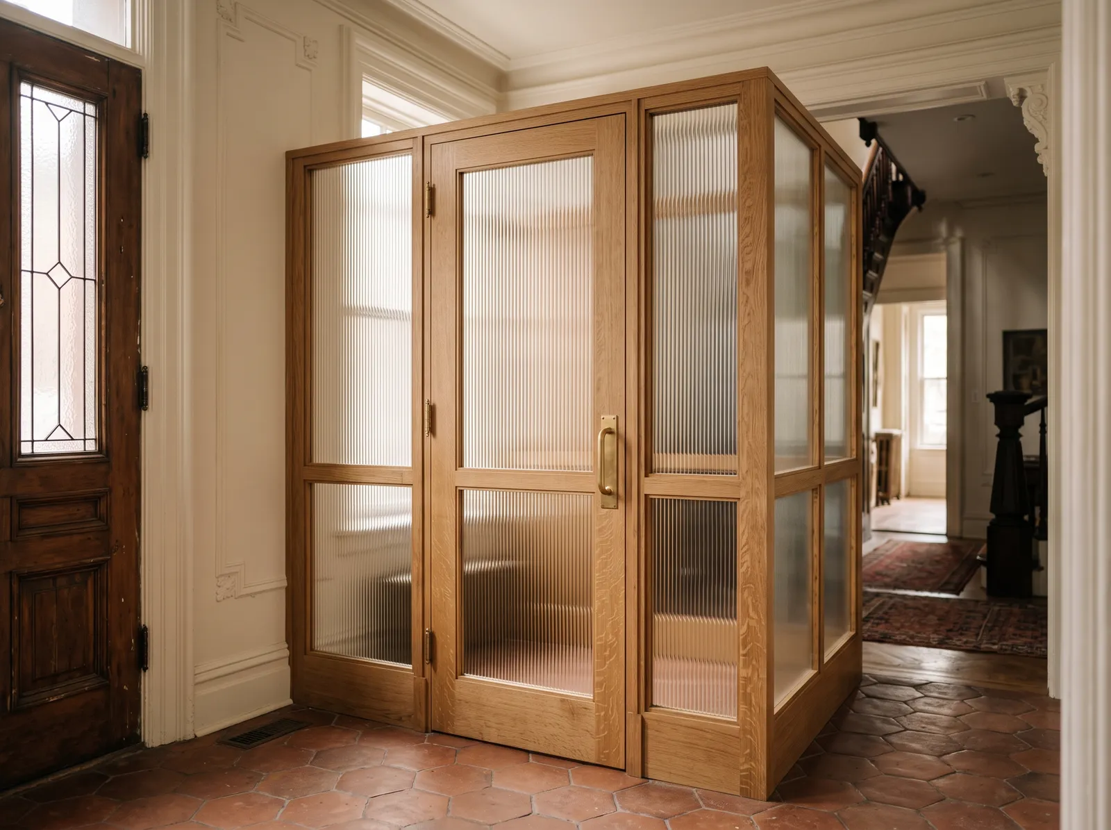 Oak and fluted glass mullion partition forming an entry vestibule airlock