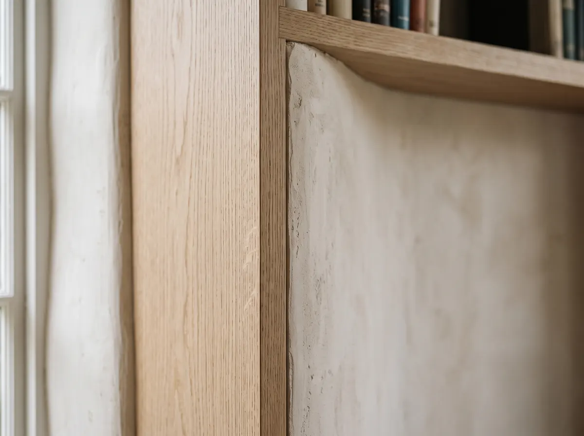 Field-scribed white oak pilaster fitted against the original plaster wall