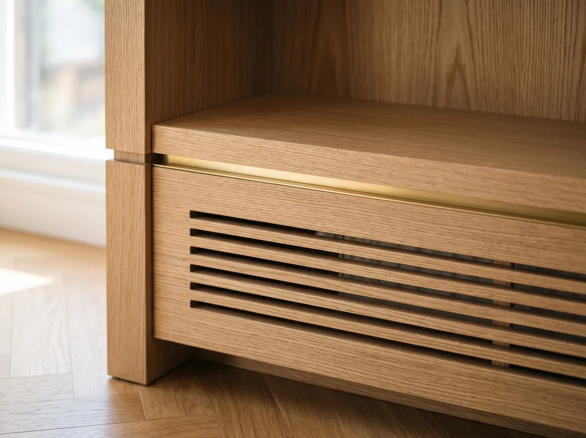Slatted oak convection grille recessed into the library base cabinet