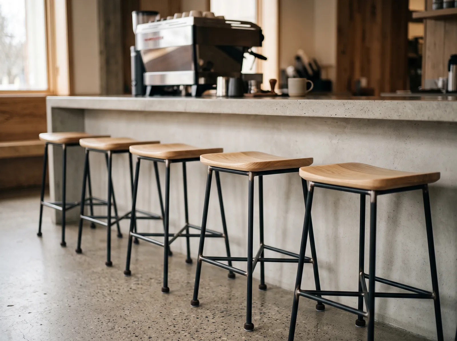 Ash and blackened steel counter stools lined up along a cafe bar counter
