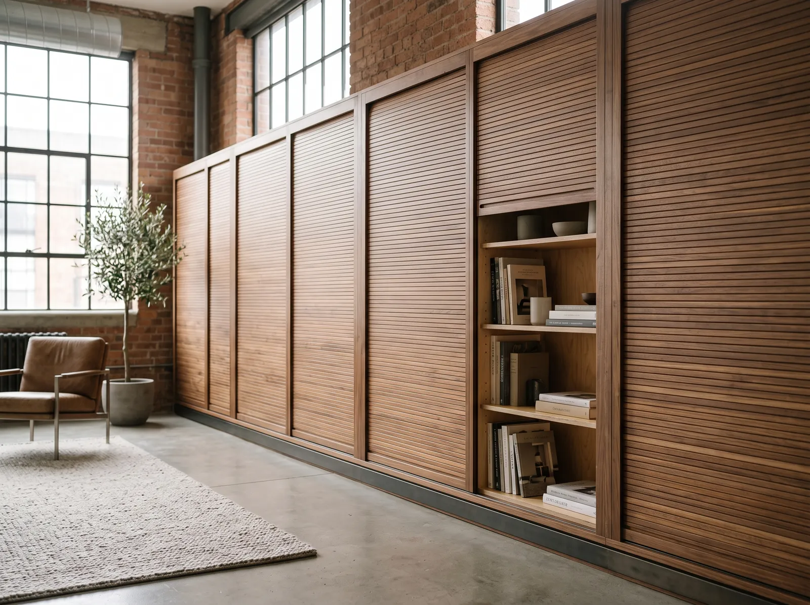 Loft storage wall in oiled walnut with tambour roll-front doors, one bay open to shelving