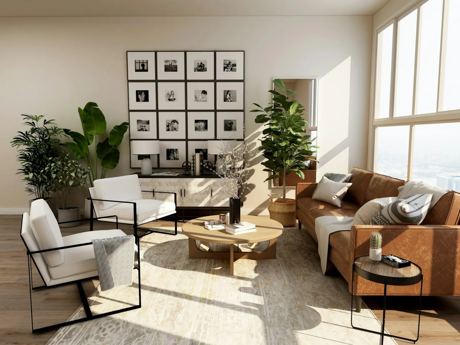Sunlit living room with a leather sofa and a wall of framed photos