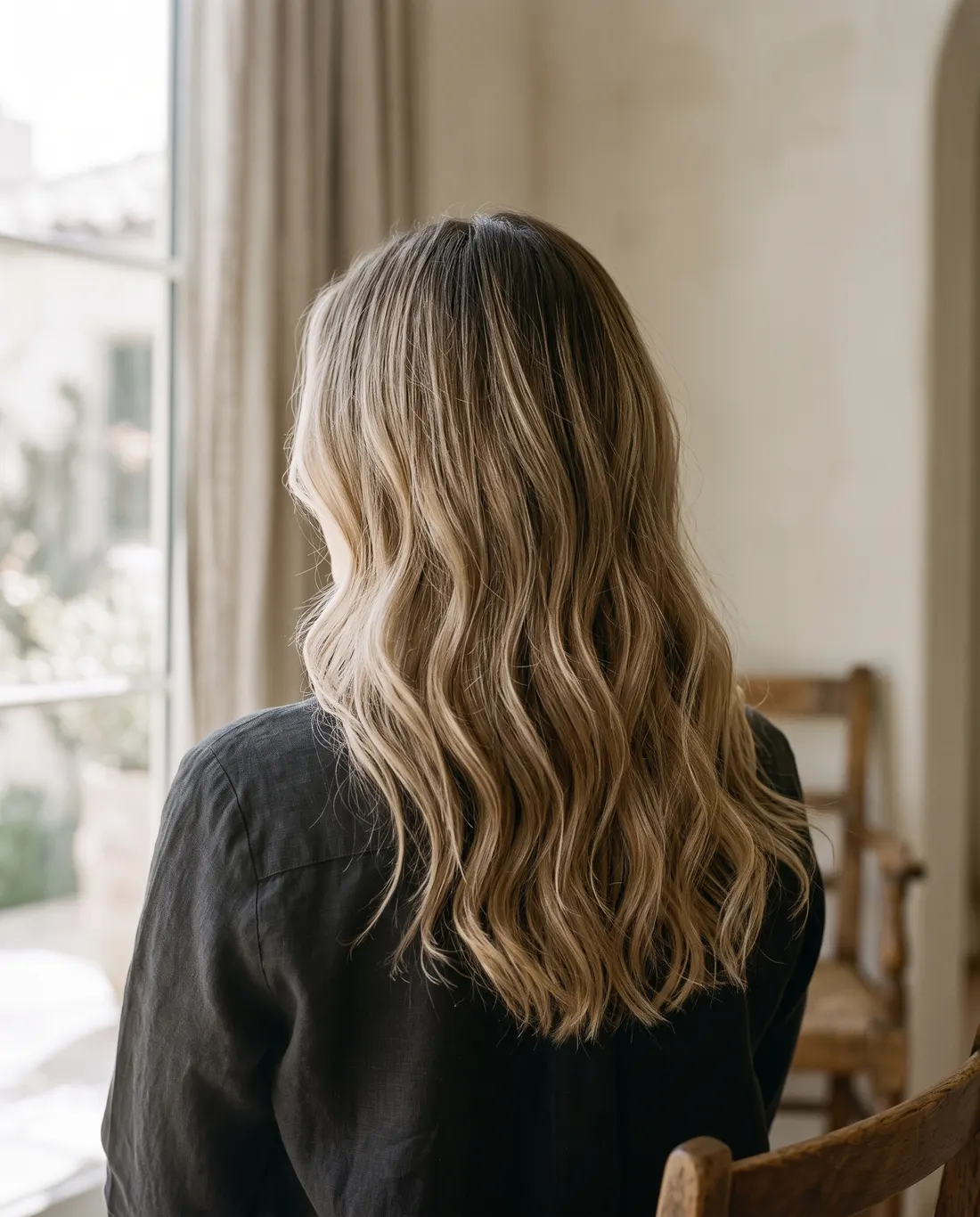Lived-in balayage seen from behind in window light