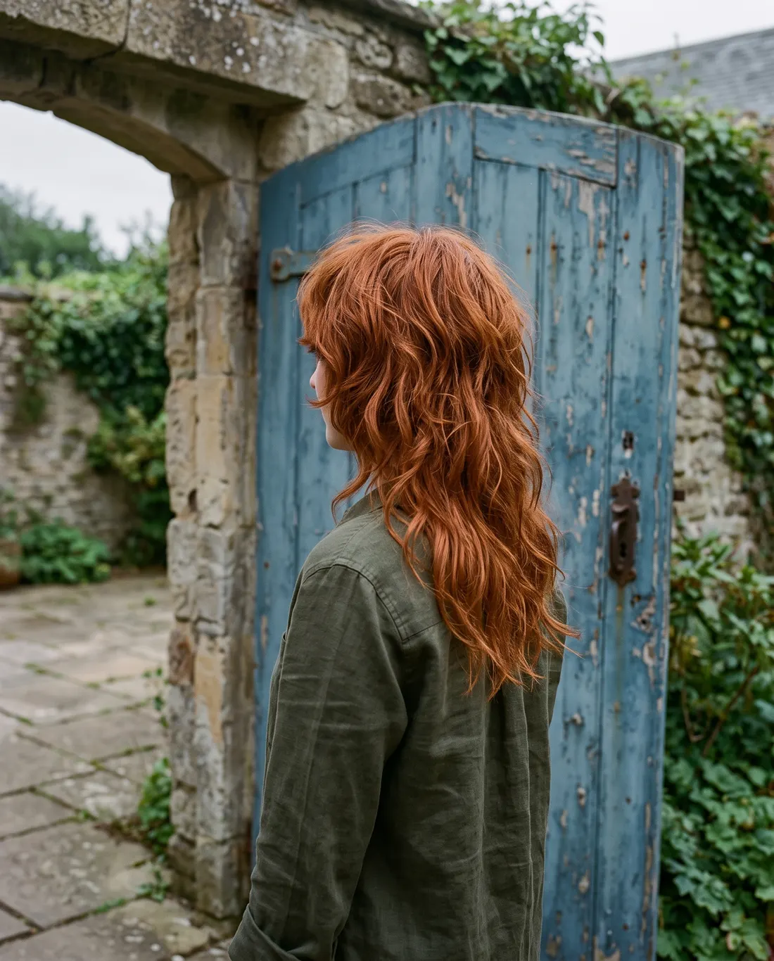 Copper shag with a curtain bangs