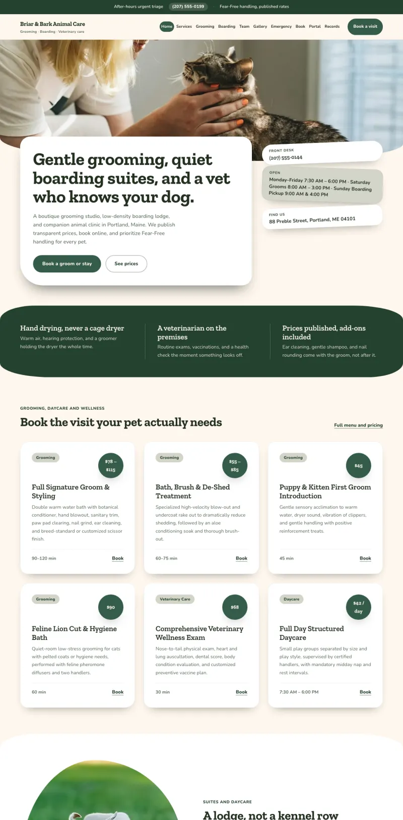 Pet Services & Vet starter site, home page