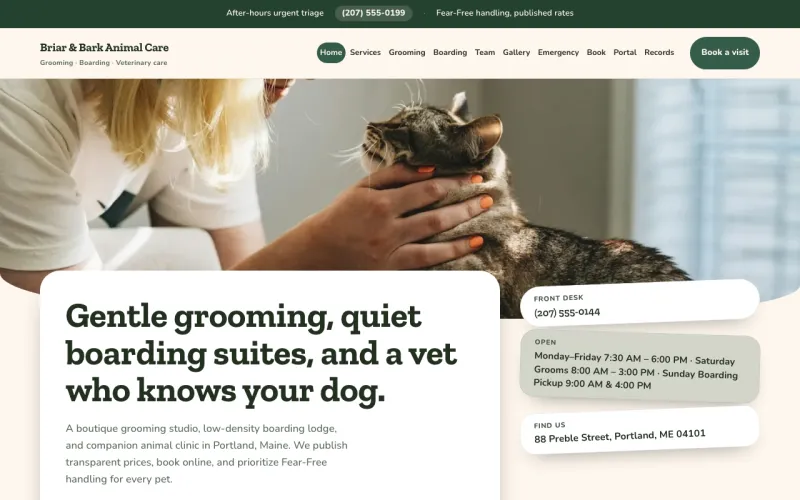Pet Services & Vet starter site, home page