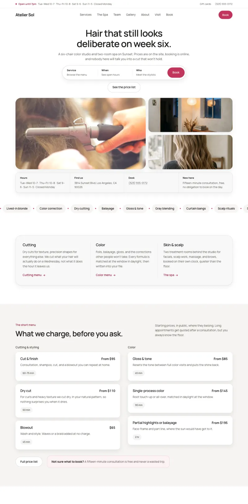 Salon & Spa starter site, home page