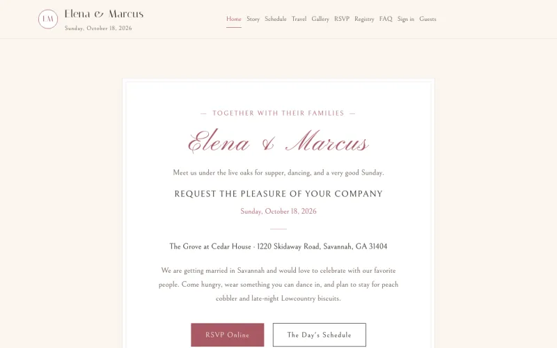 Wedding & Events starter site, home page